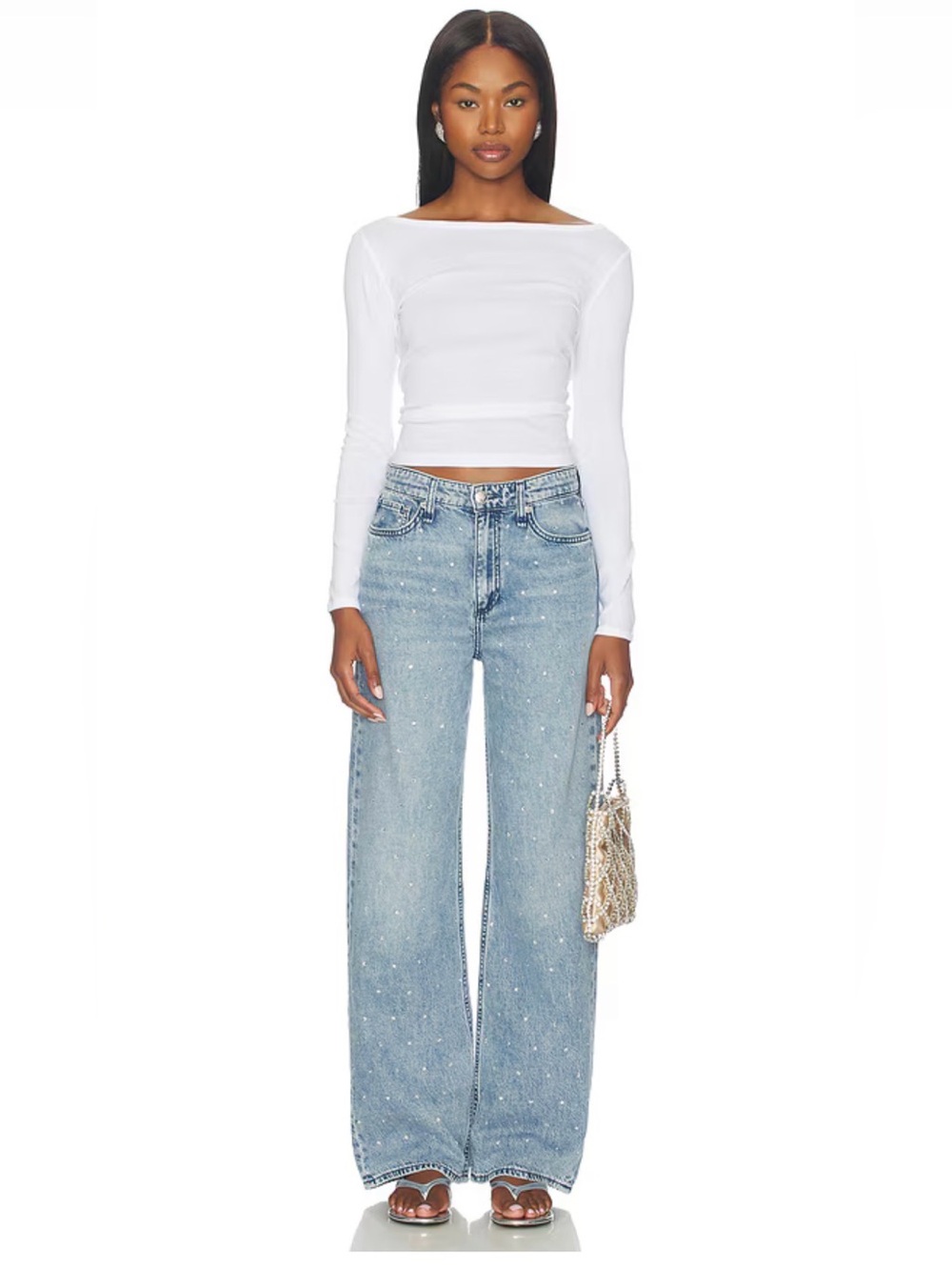 Rag and Bone Logan High Waist Rhinestone Detail Wide Leg Jeans